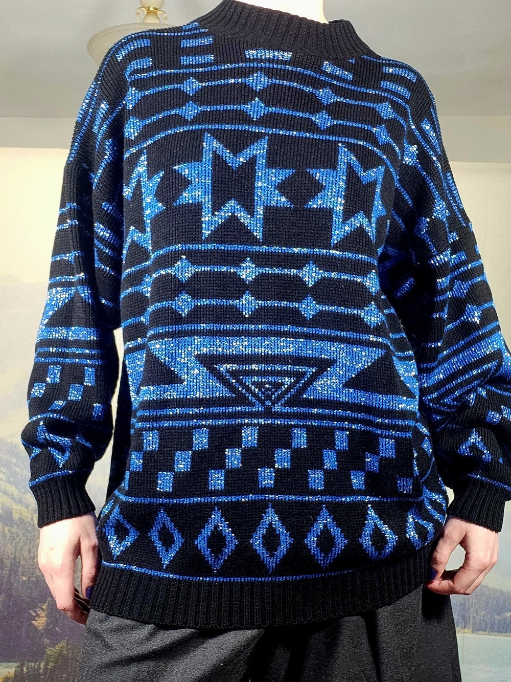 Vintage Ellen-D Geometric Metallic Black Blue Tunic Sweater Medium